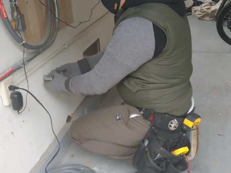 Electrician performing outlet wiring in a Tullahoma garage